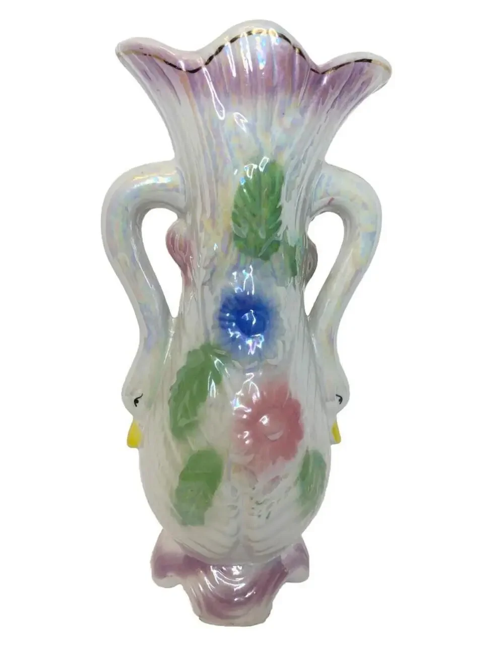 Vintage Ceramic Double Swan Vase Floral Decor Thailand